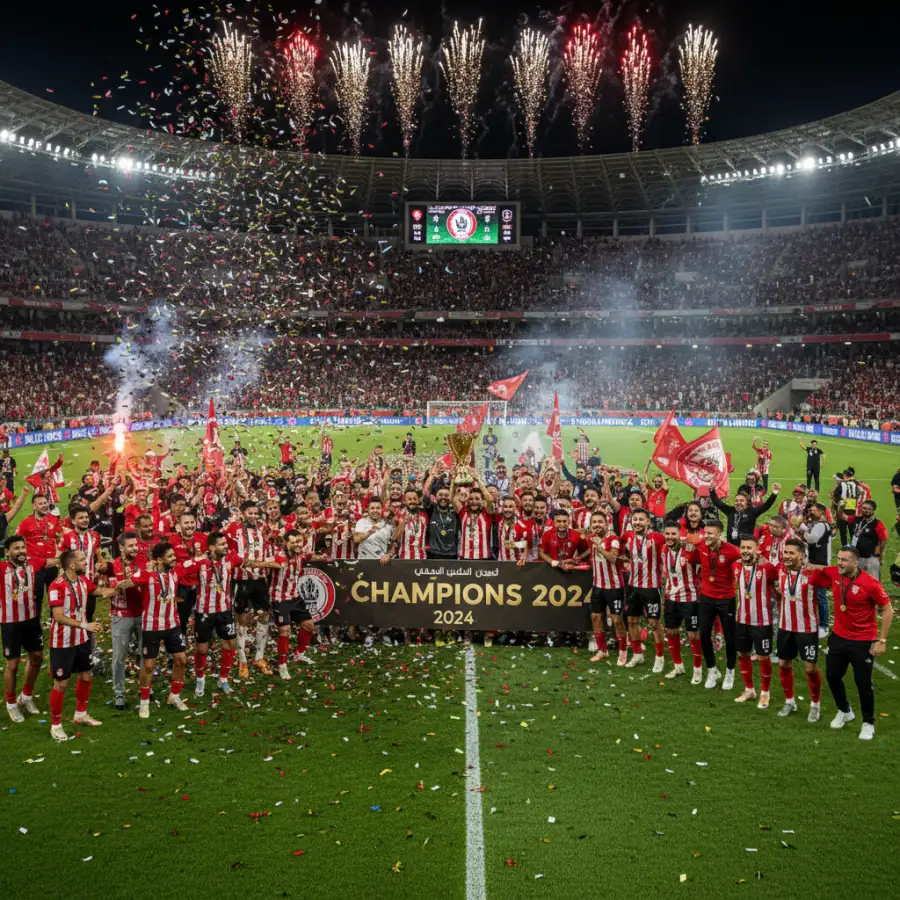 Close-up of a vibrant Al Ahly SC fan scarf held high amidst a crowd of supporters during a football match.