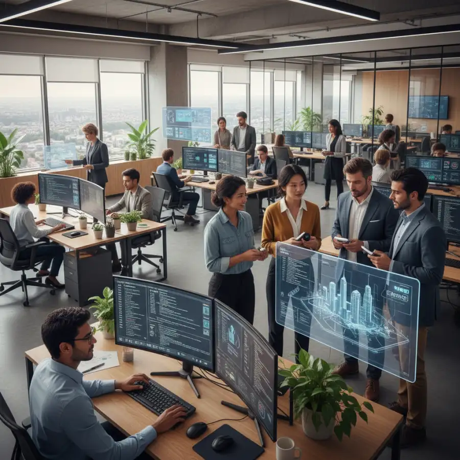 A vibrant network of interconnected nodes and lines, representing data flow and global connectivity in the tech industry.