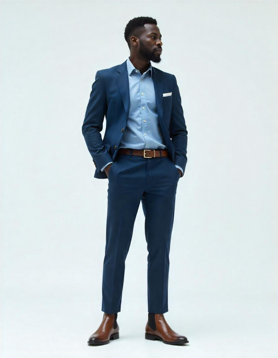African male model in a semiformal attire wearing a brown chelsea boot