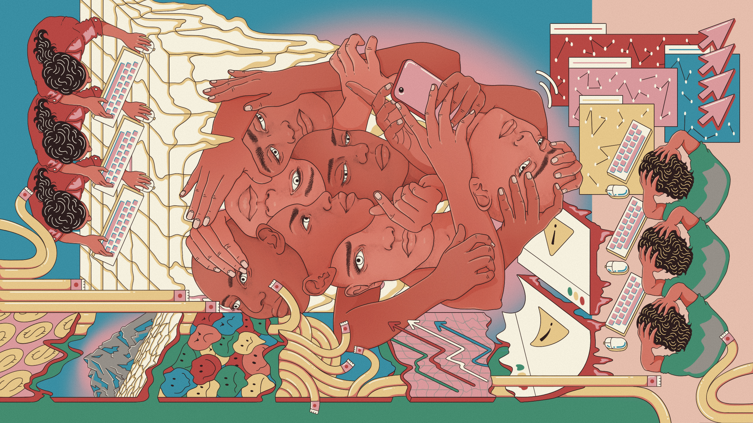A brightly colored illustration which can be viewed in any direction. It has several scenes within it: people in front of computers seeming stressed, a number of faces overlaid over each other, squashed emojis and other motifs.
