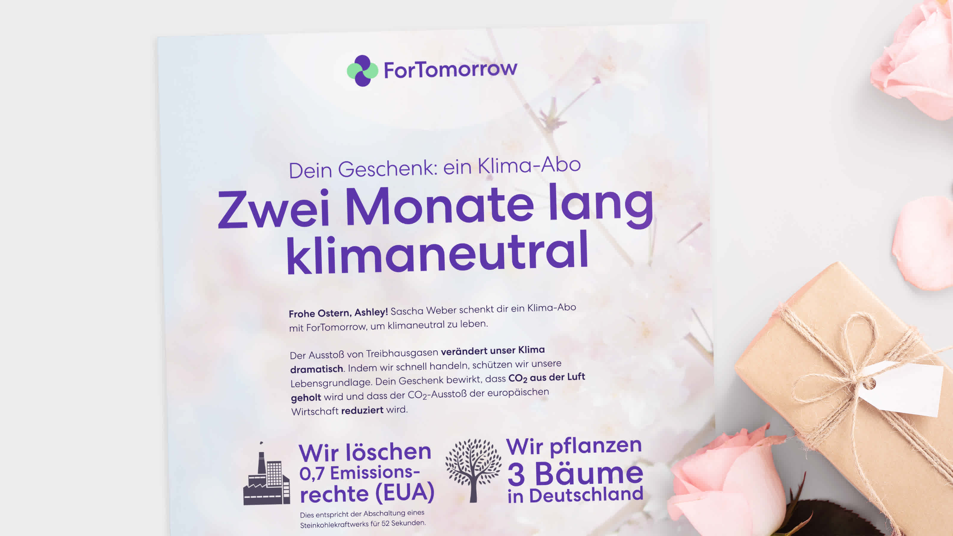Ein Geschenkzertifikat auf einem Geschenktisch mit Rosen. Im Überschrift steht: Ein Jahr lang klimaneutral