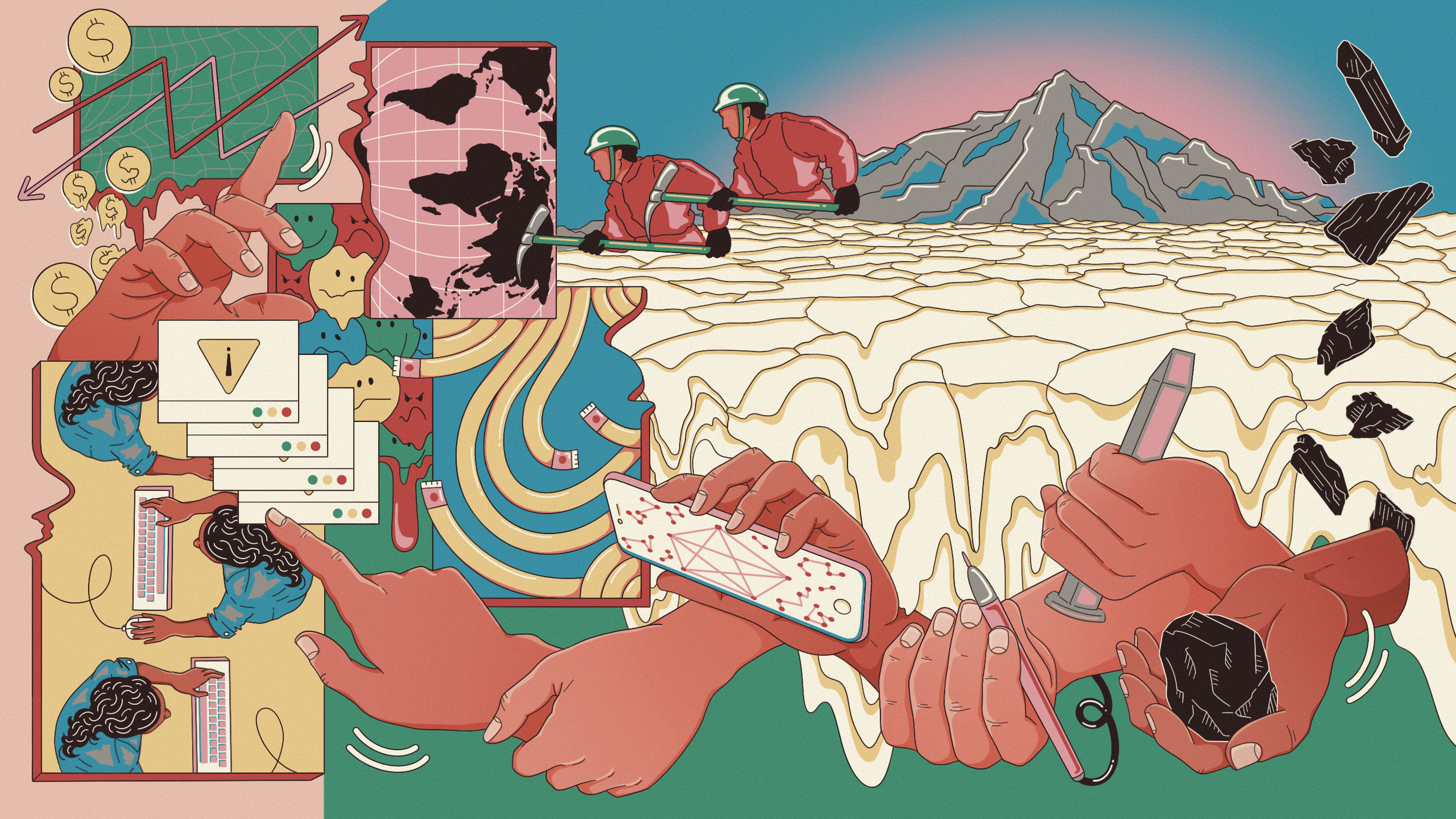 A brightly colored illustration which can be viewed in any direction. It has several scenes within it: miners digging in front of a huge mountain representing mineral resources, a hand holding a lump of coal or carbon, hands manipulating stock charts and error messages, as well as some women performing tasks on computers.