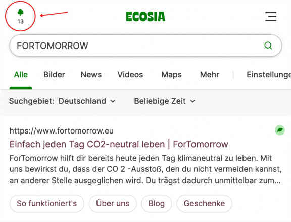 Suchfenster der Ecosia-Suchmaschine