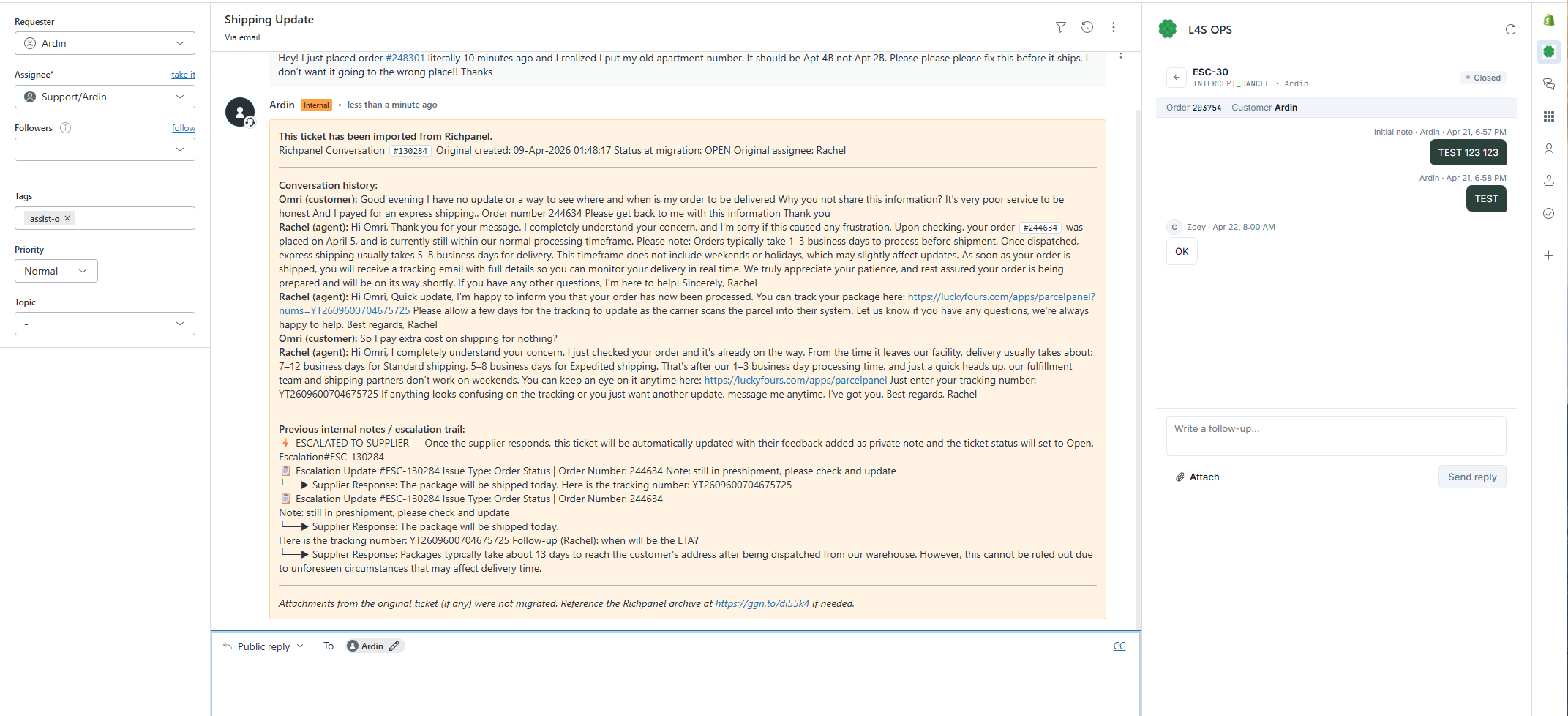 Screenshot of a recreated ticket inside Zendesk