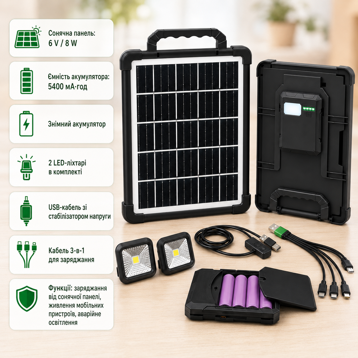 Портативна зарядна сонячна станція CoLamp CCLAMP CL-318PB-8W, 5400 mAh з LED-лампами / Автономне джерело живлення з сонячною