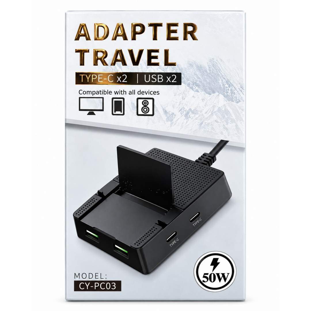Мережевий дорожній адаптер CY-PC03, 50 Вт, 2 Type-C, 2 USB — 2