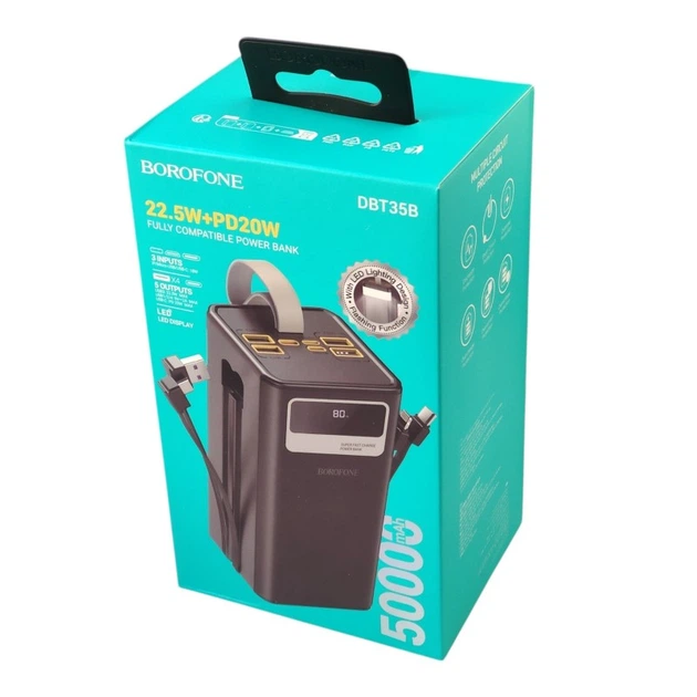 Power Bank Borofone DBT35B портативний зарядний пристрій на 50000 mAh PD22,5W зі швидкою зарядкою та ліхтариком + кабелі Type-C та Lightning — 5