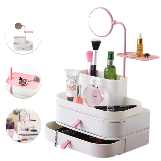 Органайзер для косметики з дзеркалом та шухлядкою, Cosmetic rack with mirror, Рожевий / Настільний ящик-органайзер — 2