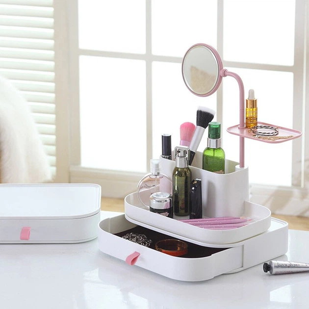 Органайзер для косметики з дзеркалом та шухлядкою, Cosmetic rack with mirror, Рожевий / Настільний ящик-органайзер