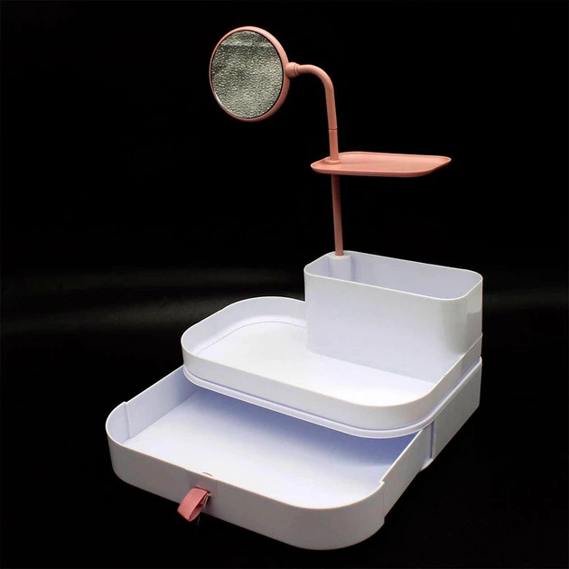 Органайзер для косметики з дзеркалом та шухлядкою, Cosmetic rack with mirror, Рожевий / Настільний ящик-органайзер — 3