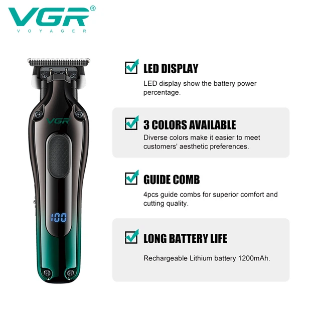 Тример VGR V-998 GREEN, 4 насадки, LED display універсальний прилад для стрижки волосся, бороди та вусів
