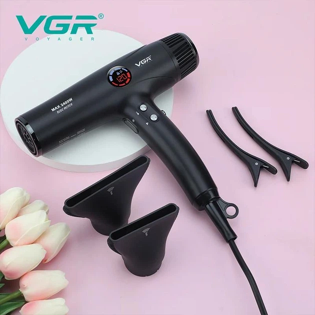 Професійний фен VGR V-469 2400 Вт з цифровим дисплеєм, іонізацією та 2 насадками — 2