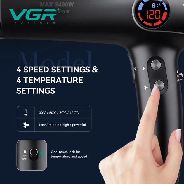 Професійний фен VGR V-469 2400 Вт з цифровим дисплеєм, іонізацією та 2 насадками — 4