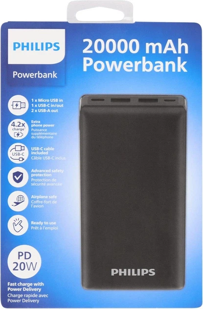 Універсальний повербанк Philips 20000 мА·год з швидкою зарядкою PD 20W та трьома портами — 2