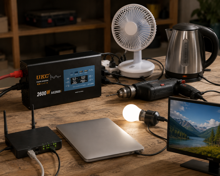 Перетворювач AC/DC 2600W AX Sine з чистим синусом / Перетворювач напруги з чистим синусом, дисплеєм та виходами: 3 x USB, 1 x Type-C — 2