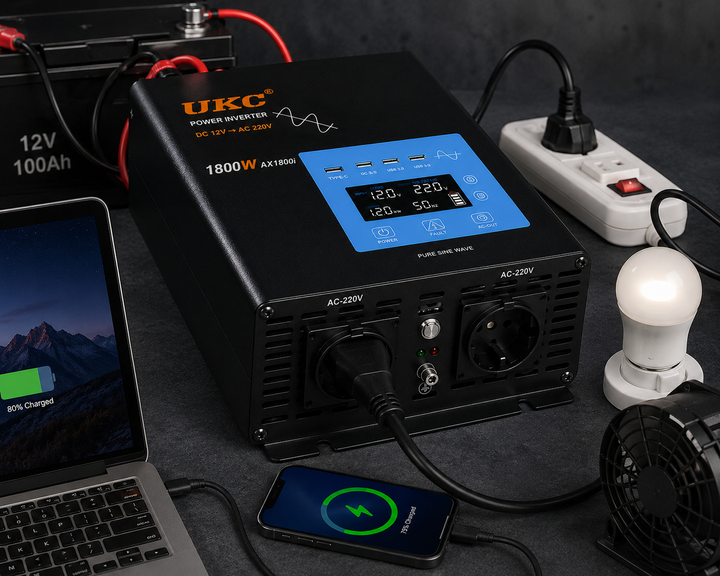 Перетворювач AC/DC 1800W AX Sine з чистим синусом / Інвертор з дисплеєм та виходами: 3 x USB, 1 x Type-C / Перетворювач напруги — 3