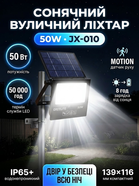 Прожектор акумуляторний із сонячною панеллю та датчиком руху JX 010 50W Solar Pro з пультом0 50W — 2