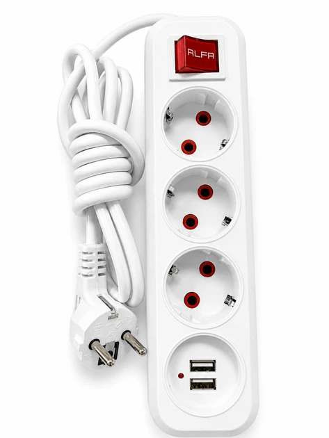 Подовжувач мережевий фільтр RLFR з 2 USB портами, 3 гнізда, 2 метри з перемикачем білий