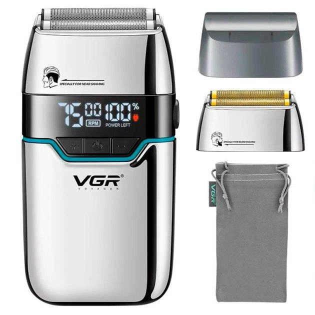 Електробритва VGR V-350 SILVER шейвер, подвійне лезо, 2 насадки, LED дисплей