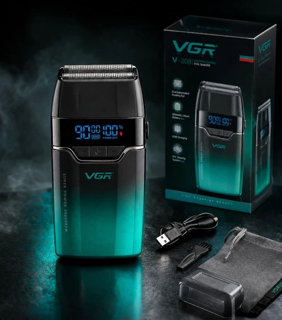 Чоловіча електробритва VGR V-308 VG Green/Black з акумуляторним живленням та цифровим дисплеєм — 2