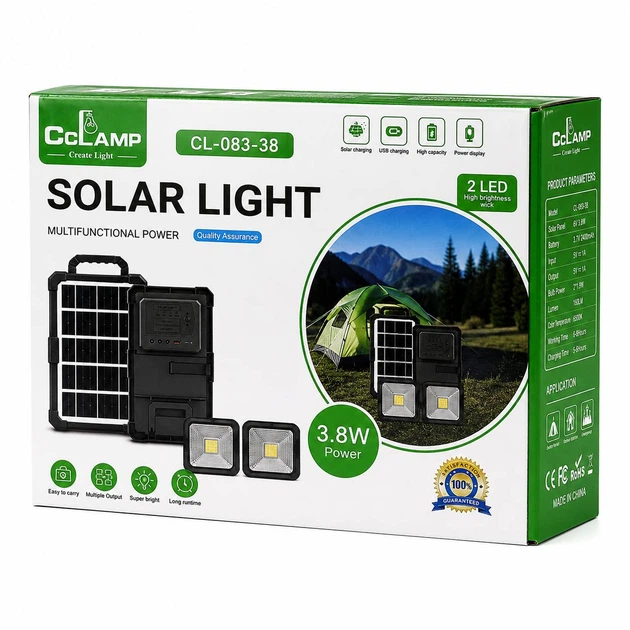 Портативна сонячна станція CCLAMP CL-083-38 2400 мА·год з LED-лампами, сонячною панеллю, USB-зарядкою — 4