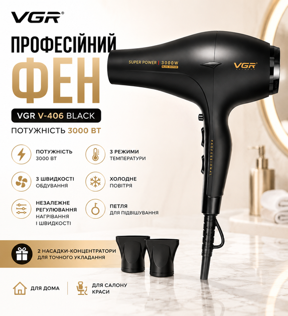 Фен VGR V 406 Black/ Фен професійний 2 насадки, 3000 Вт/ Фен 3 рівні обдування, 3 рівні температури — 2