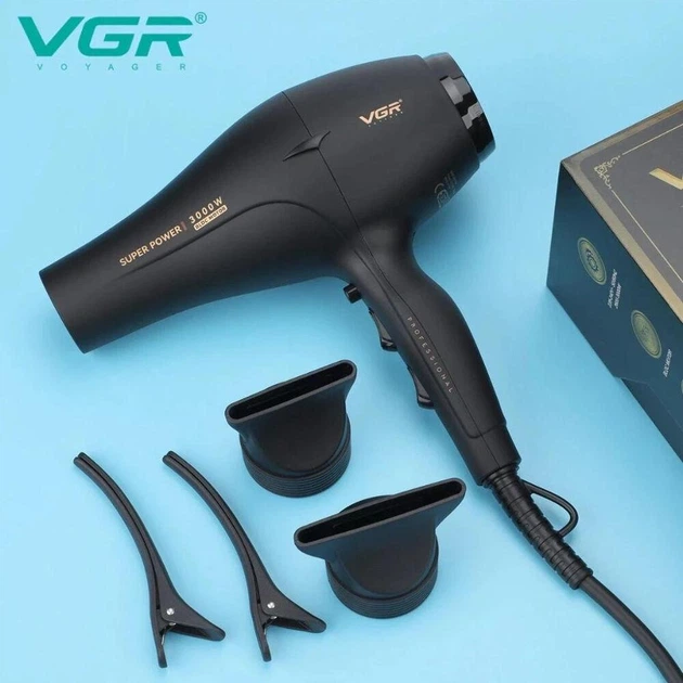 Фен VGR V 406 Black/ Фен професійний 2 насадки, 3000 Вт/ Фен 3 рівні обдування, 3 рівні температури — 3