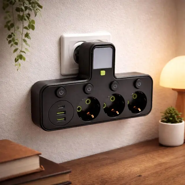 Мережевий перехідник-трійник Power Socket 2500W з вимикачем, 3 розетки + 2 USB + Type-C, з вимикачем
