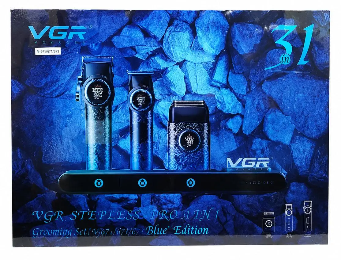Професійний набір для стрижки VGR PRO 3 в 1 Blue: машинка, триммер та бритва з LED-дисплеями — 2