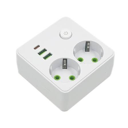Мережевий перехідник-трійник Power Socket 2500W, 2 розетки + 3 USB + Type-C, з вимикачем
