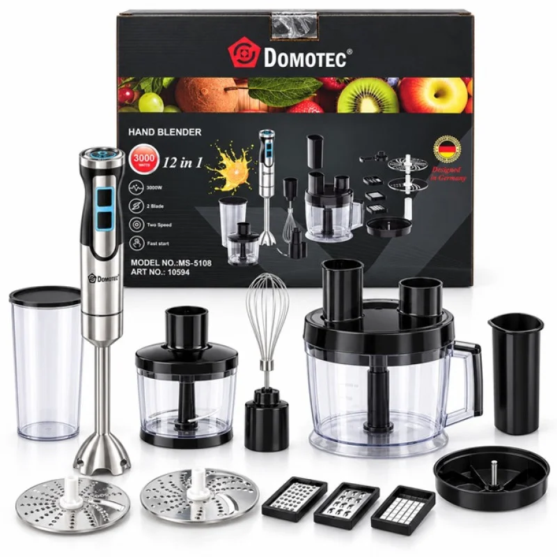 Занурювальний блендер Domotec MS 5108 12 в 1, 3000 Вт / Блендер з подрібнювачем та насадками / Блендер 2 швидкості — 2