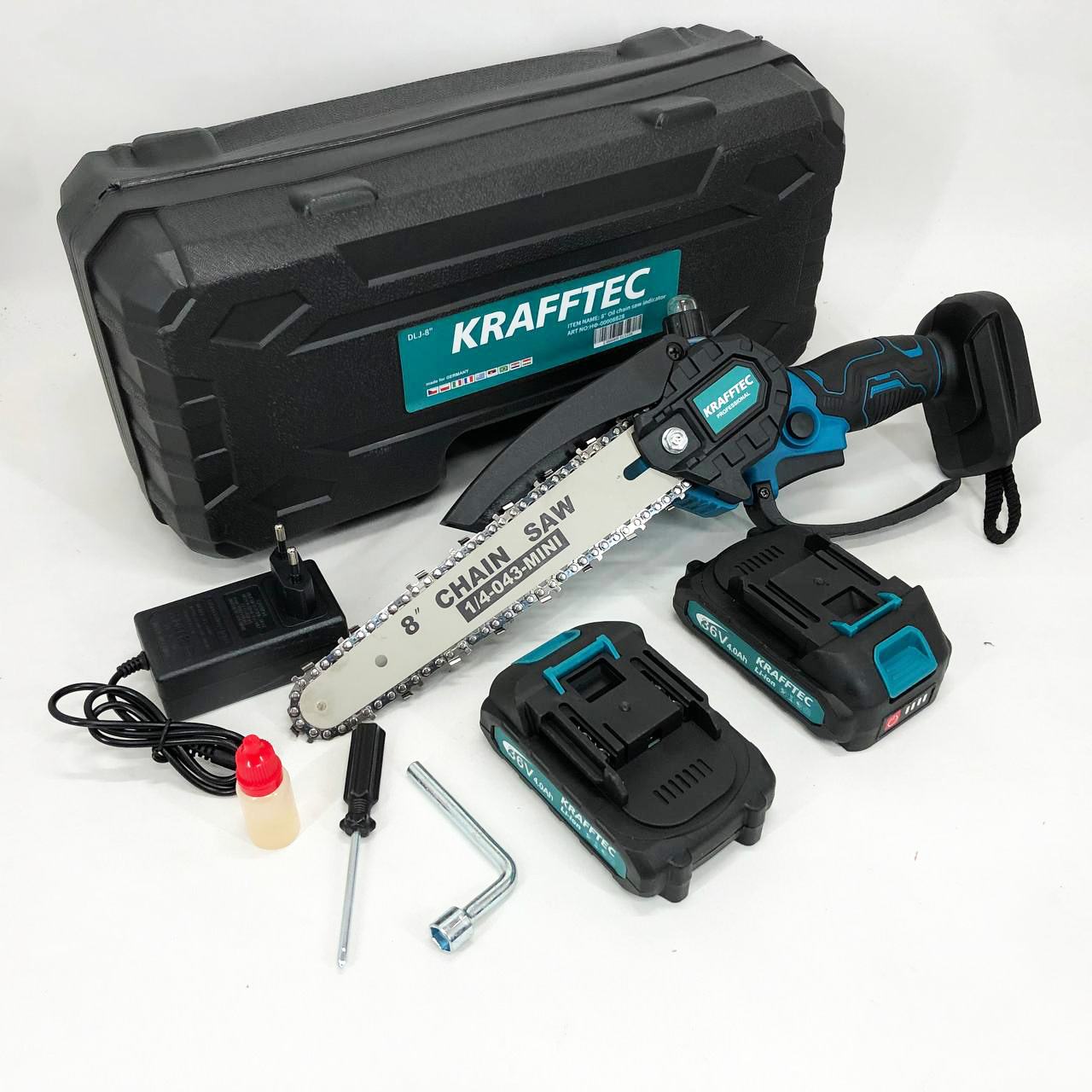 Акумуляторна ланцюгова міні пила 20 см у кейсі Krafftec (36V 4 Ач) + 2 акумулятори та індикатором заряду — 4