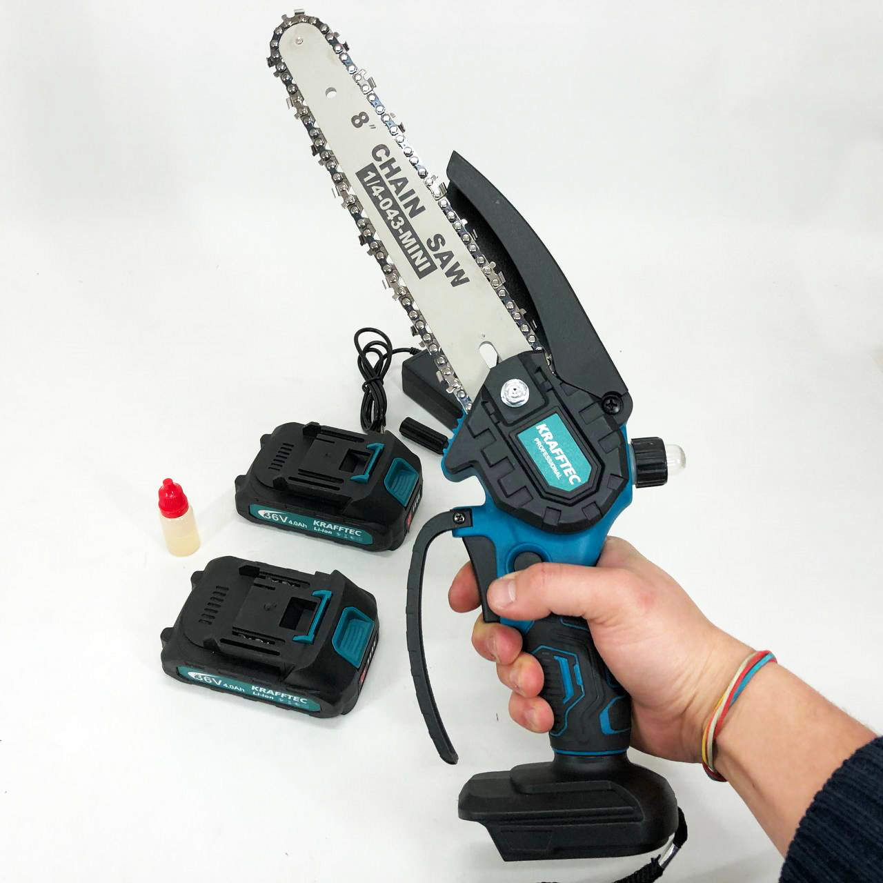 Акумуляторна ланцюгова міні пила 20 см у кейсі Krafftec (36V 4 Ач) + 2 акумулятори та індикатором заряду — 5