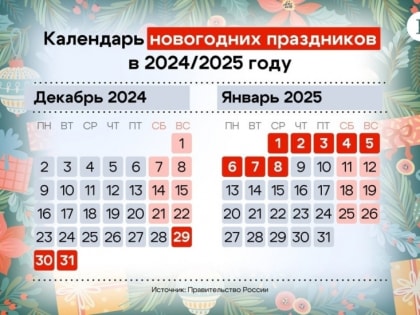 В новогодние праздники и Рождество жители региона будут отдыхать 11 дней