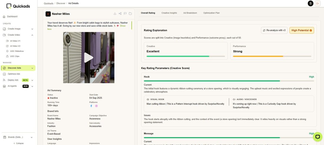 Quickads Overall Rating with creative and performance scores
