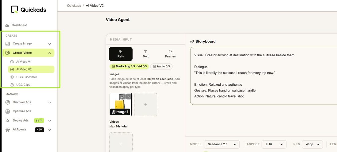 Quickads Create menu with image, video, UGC and deploy