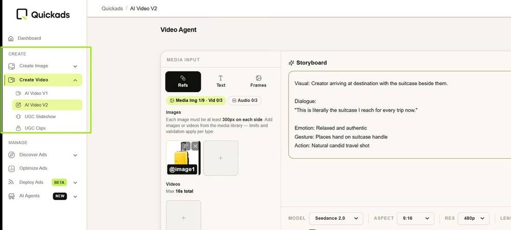 Quickads Video Agent creating an ad