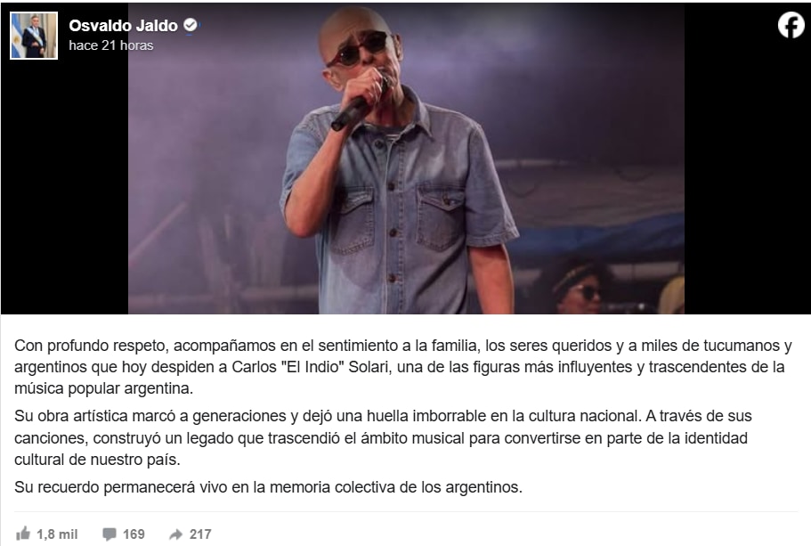 Jaldo despidió al Indio Solari y destacó su legado como parte de la identidad cultural argentina