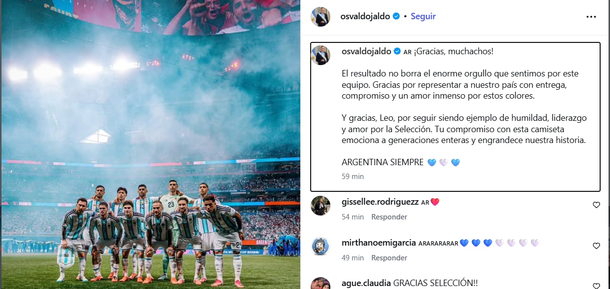 Jaldo felicitó a la Selección tras la derrota y destacó el legado de Lionel Messi