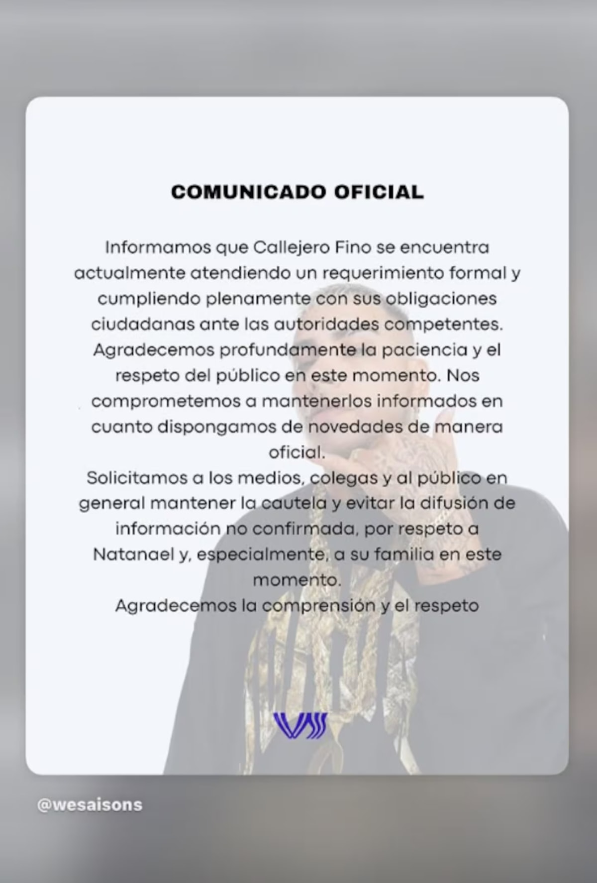 el-comunicado-que-compartio-el-entorno-de-callejero-fino-foto-instagram-wesaisons-T2PNASCAIVF2RHTSKU4T2XCHIE.avif
