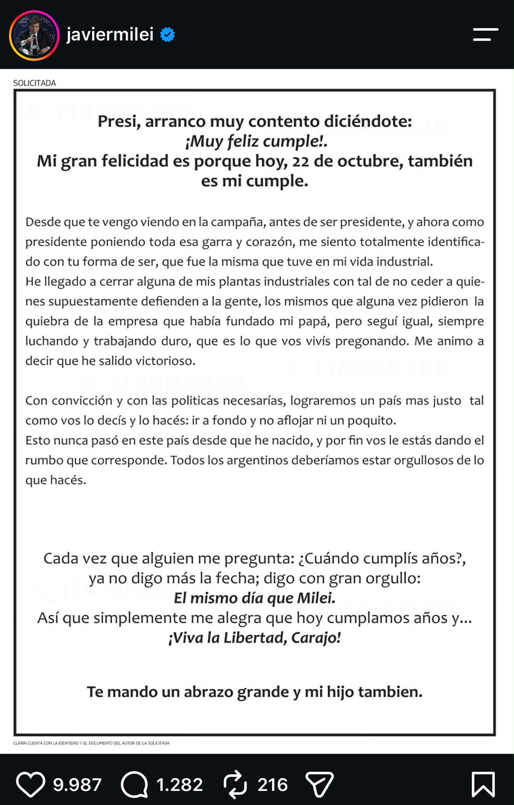 A post shared by Javier Milei (@javiermilei)