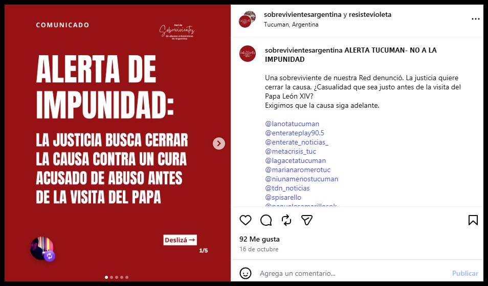 A post shared by Red de Sobrevivientes de Abusos Eclesiásticos de Argentina (@sobrevivientesargentina)