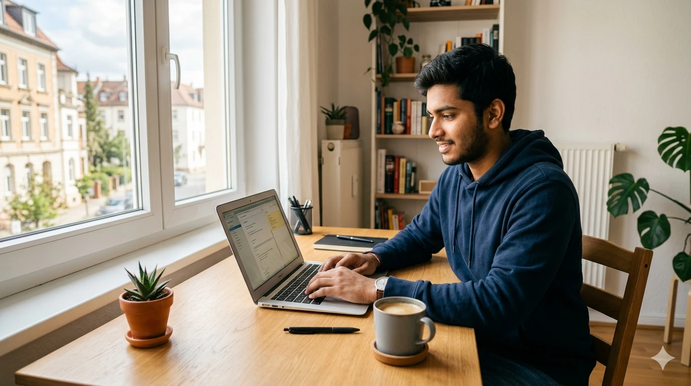 Indian student working part-time at a desk in Germany while studying