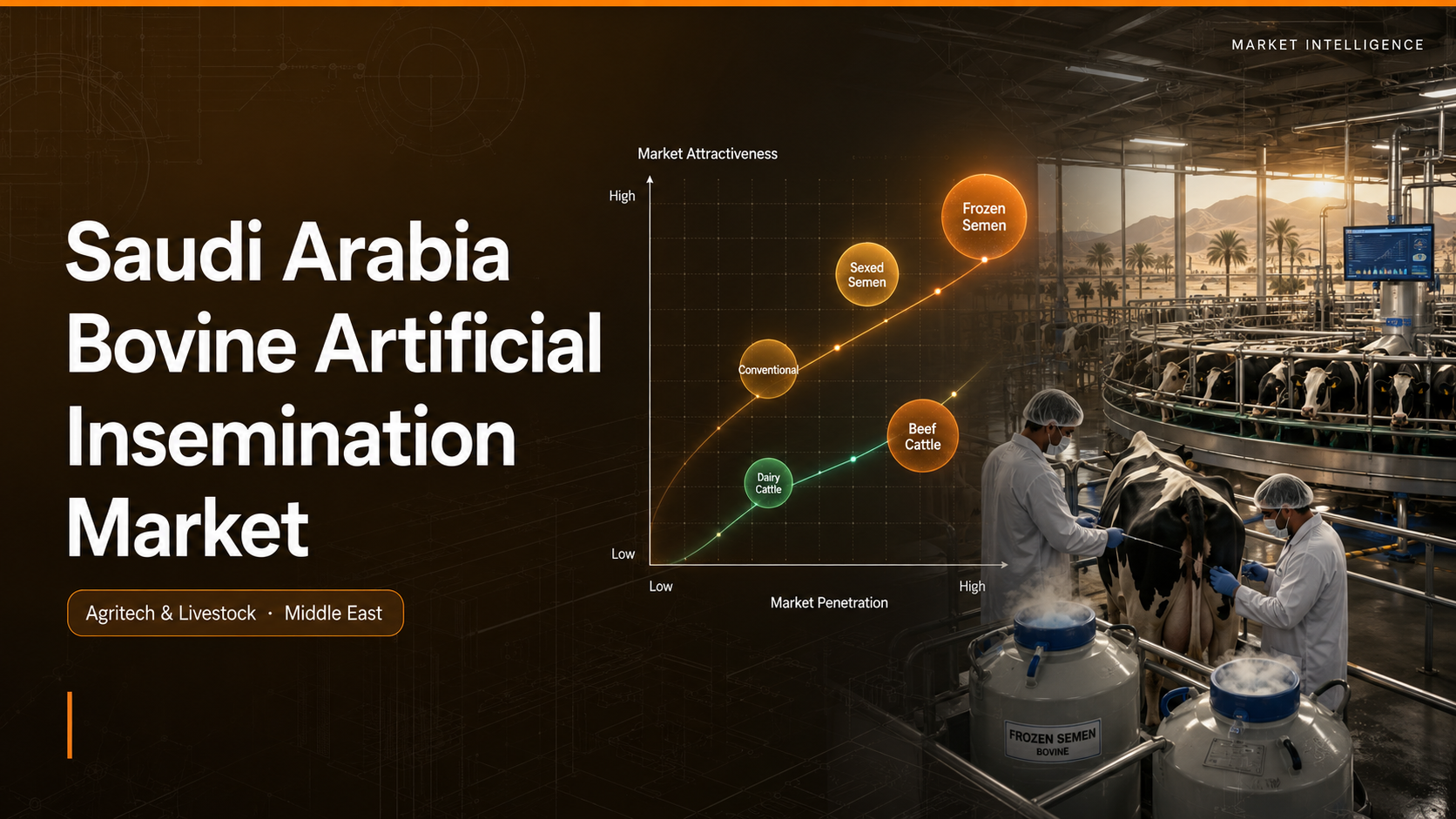 Saudi Arabia bovine artificial insemination market showing Holstein dairy farm, frozen semen tanks, Genus ABS Global Semex CRV competitive map, MoEWA 2023 protocols, and Vision 2030 food security