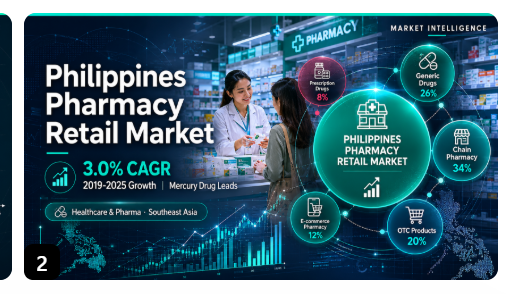 Philippines Pharmacy Retail Market showing pharmacy store interior, medicine shelves, and market growth chart