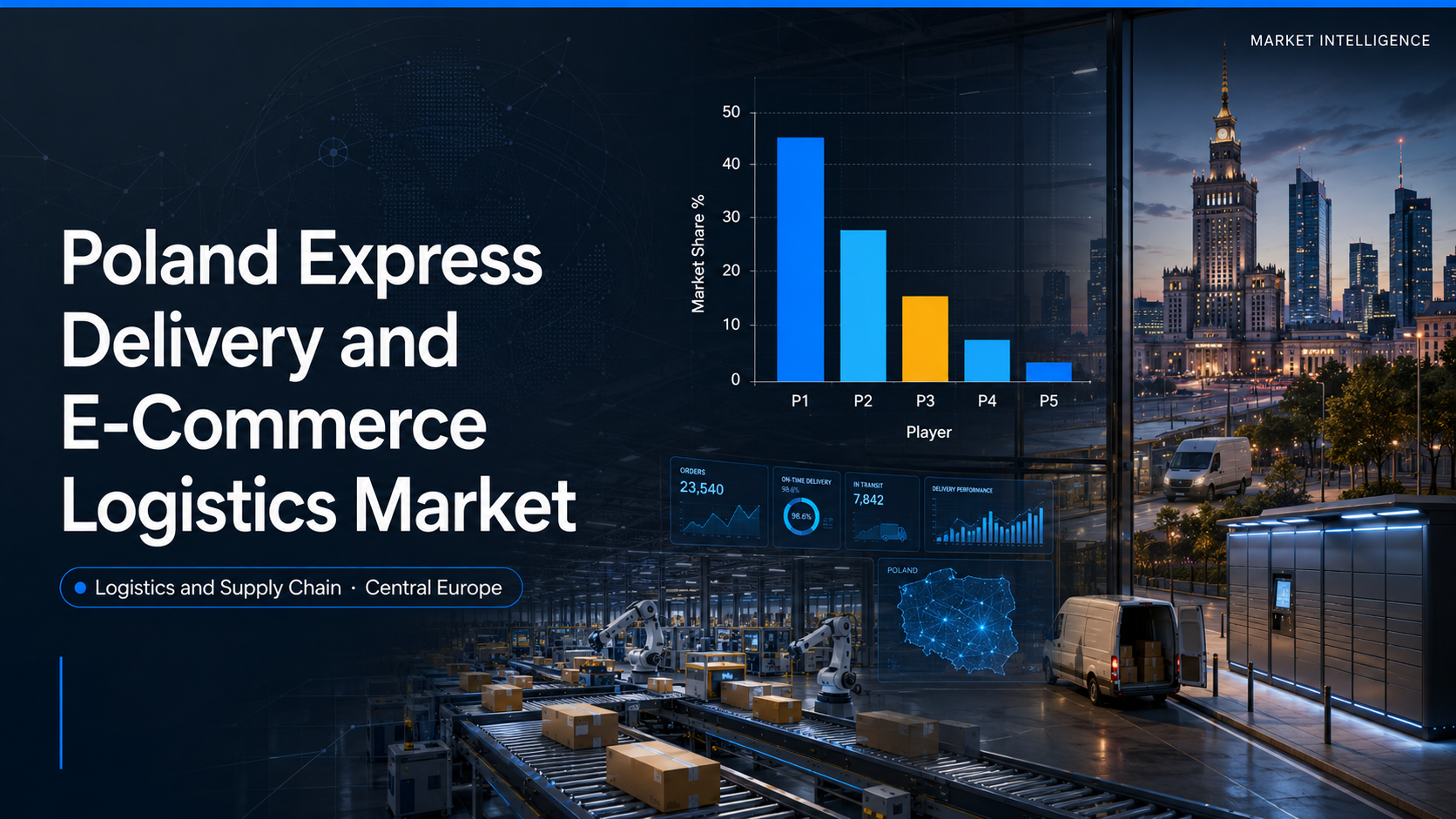 Poland Express Delivery and E-Commerce Logistics Market showing high-throughput automated parcel sorting facility, InPost parcel lockers in Warsaw street, delivery vans loading parcels, and Warsaw Palace of Culture through warehouse windows
