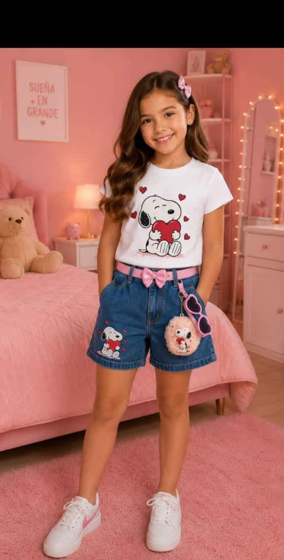 conjunto para nina, short en jean , camiseta estampada, Nuevo.