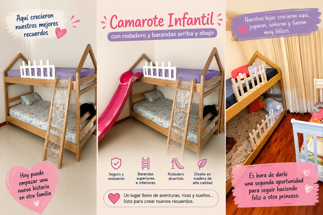 Camarote infantil madera con rodadero rosa y barandas blancas