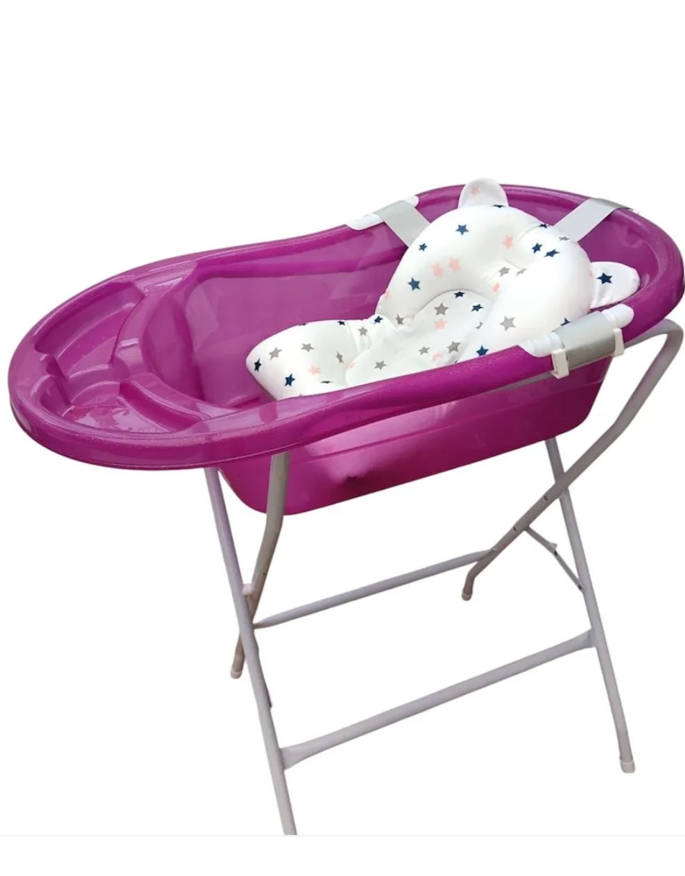 Bañera o tina para bebe con cojin o malla y base metálica