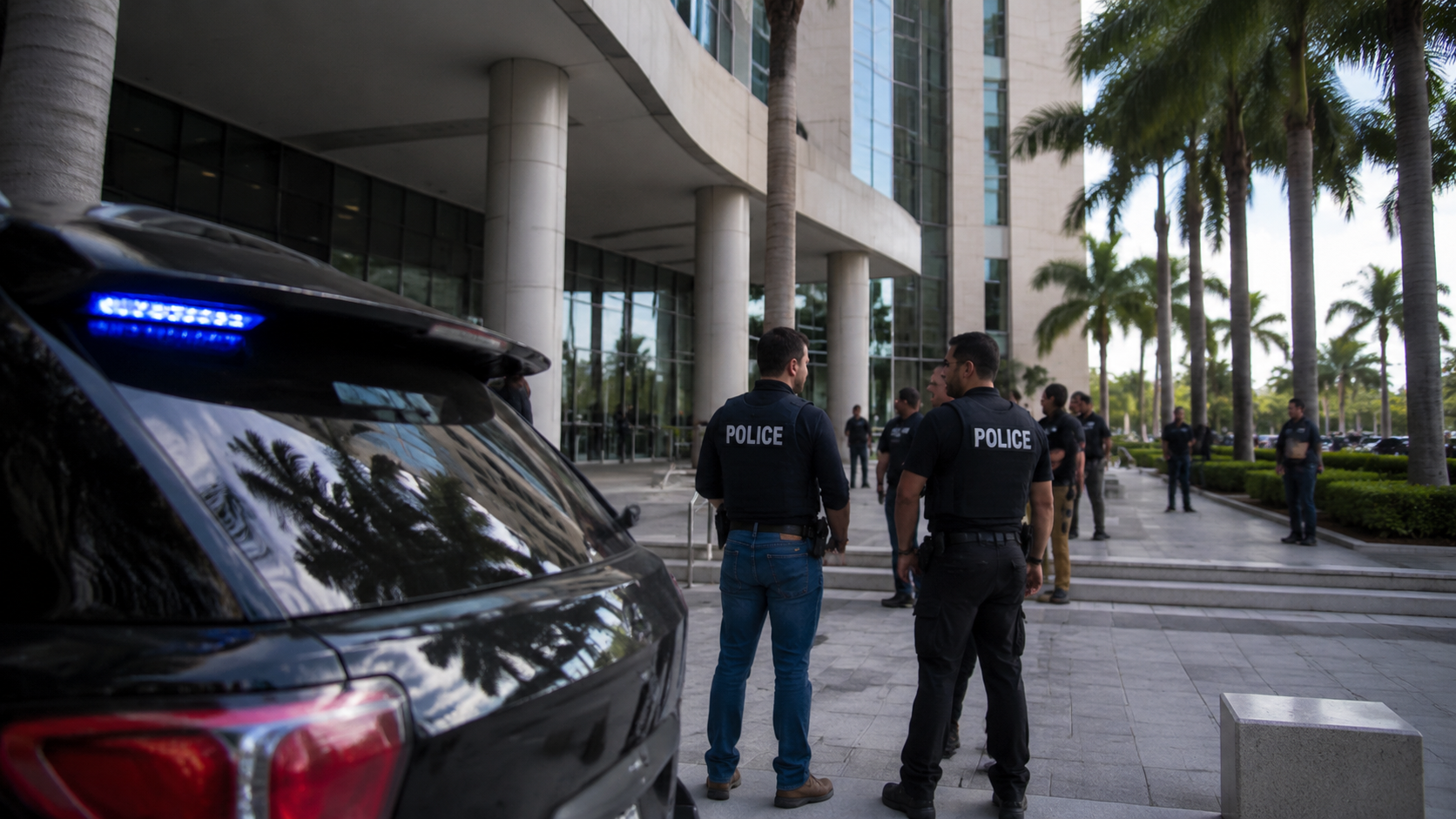 A realistic photo of a Miami law enforcement building area during a legal investigation, no text or logos
